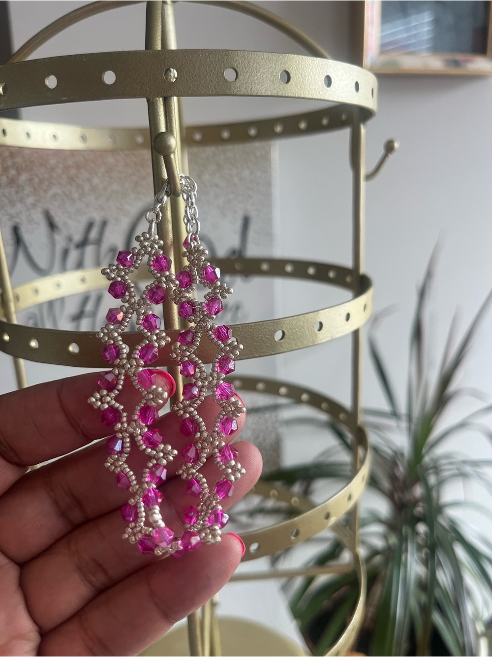 Silver-Tone Pink Crystal Beaded Bracelet - Unbranded